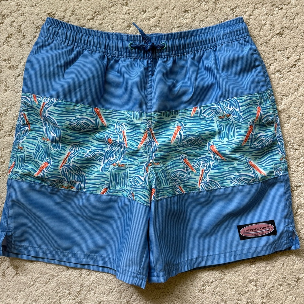 Vineyard Vines Blue Striped with Pelicans Swim Trunks.